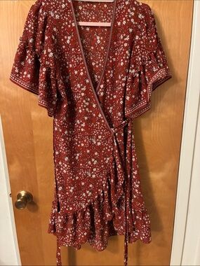 Max studio Women's Rust Floral Wrap Dress Sz L